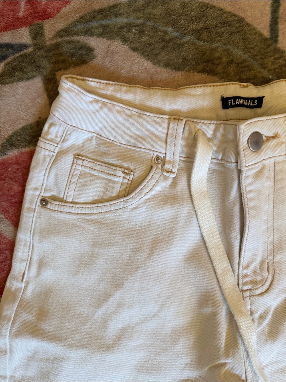 Flamingals Solid Drawstring Contrast Stitch Mid Waist Barrel Leg Pants medium - Picture 3 of 6